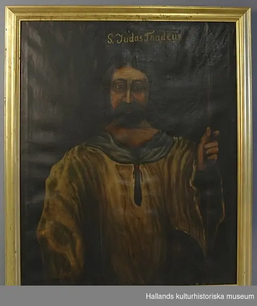 Oljemålning på duk. Aposteln Judas Thadeus med grön mantel och brunt skägg och sitt attribut: en hillebard.