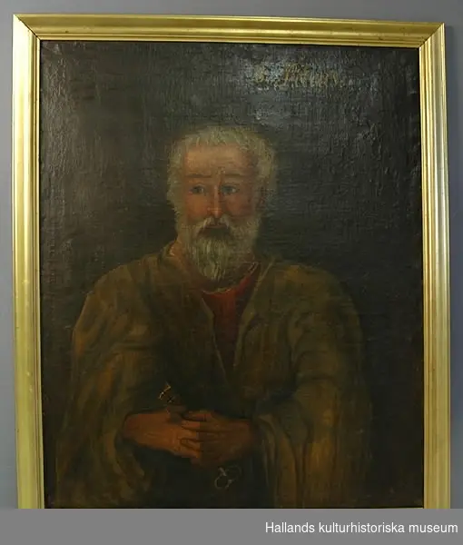 Oljemålning på duk. Aposteln Petrus med mörkgrön mantel och grått skägg med sitt attribut: en nyckel.