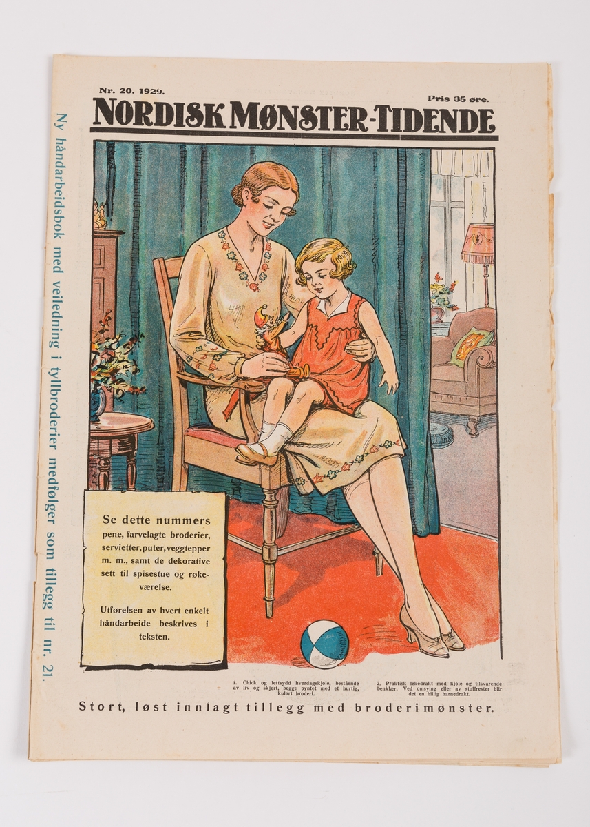 Nordisk Mønster-Tidende nr. 20 1929, tidsskrift med kvinnemote og håndarbeid med løse mønsterark