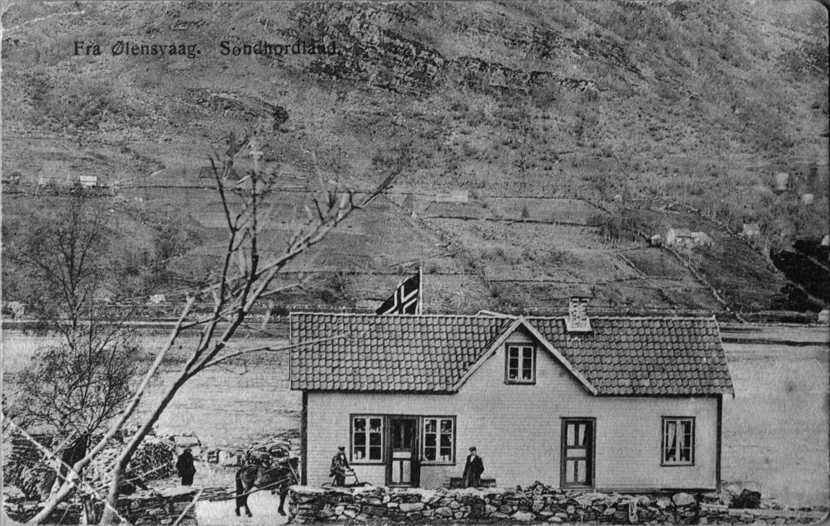 Postkort med motiv frå Kvassanes i Ølensvåg sett mot nord, ca. 1915. Posthuset i Ølensvåg er bygd på denne staden; ein del av dette huset vart då rive. Ølsvågen og Ørland i bakgrunnen.