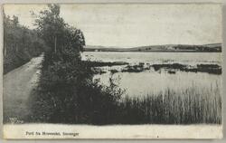 Postkort med utsikt over Mosvatnet i Stavanger. En vei går l