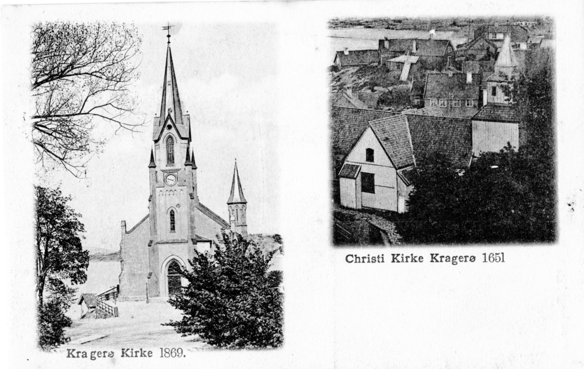 Postkort: Kragerø kirke og Christi Kirke, Kragerø