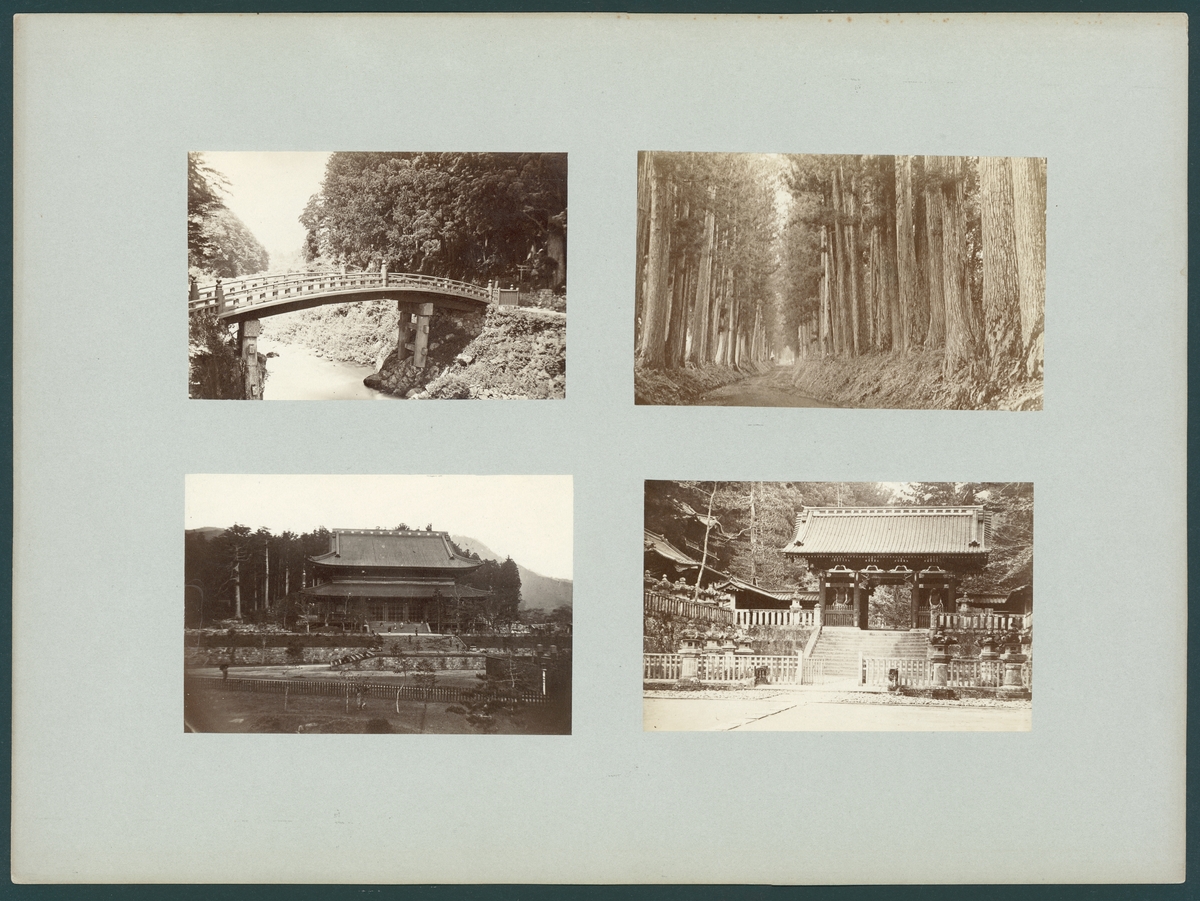 Bildserie av fyra motiv monterad på kartong från shintohelgedomarna​ i staden Nikko.