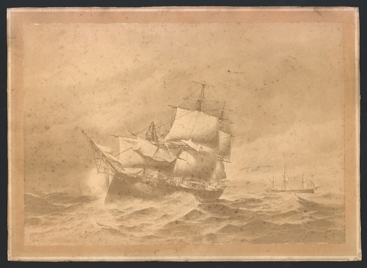 Motivet visar korvetten Saga till sjöss i hårt väder. Den förliga masten är avbruten något ovanför salningen och toppmasten hänger i tamparna ut över babords bog. I bakgrunden syns ytterligare ett fartyg för segel.
Sceneriet föreställer en rigghaveri den 26 juni 1881 i Biscaya på väg från Cadiz till Brest för omriggning under expeditionen 2/5-9/9 1881