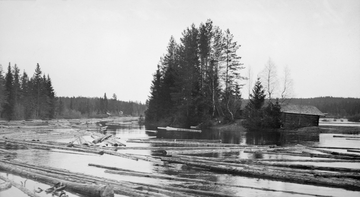 Fra elva Tverrena, Åmot, Hedmark. Tømmer i vannet. Smie (Lite hus) til høyre i bildet.