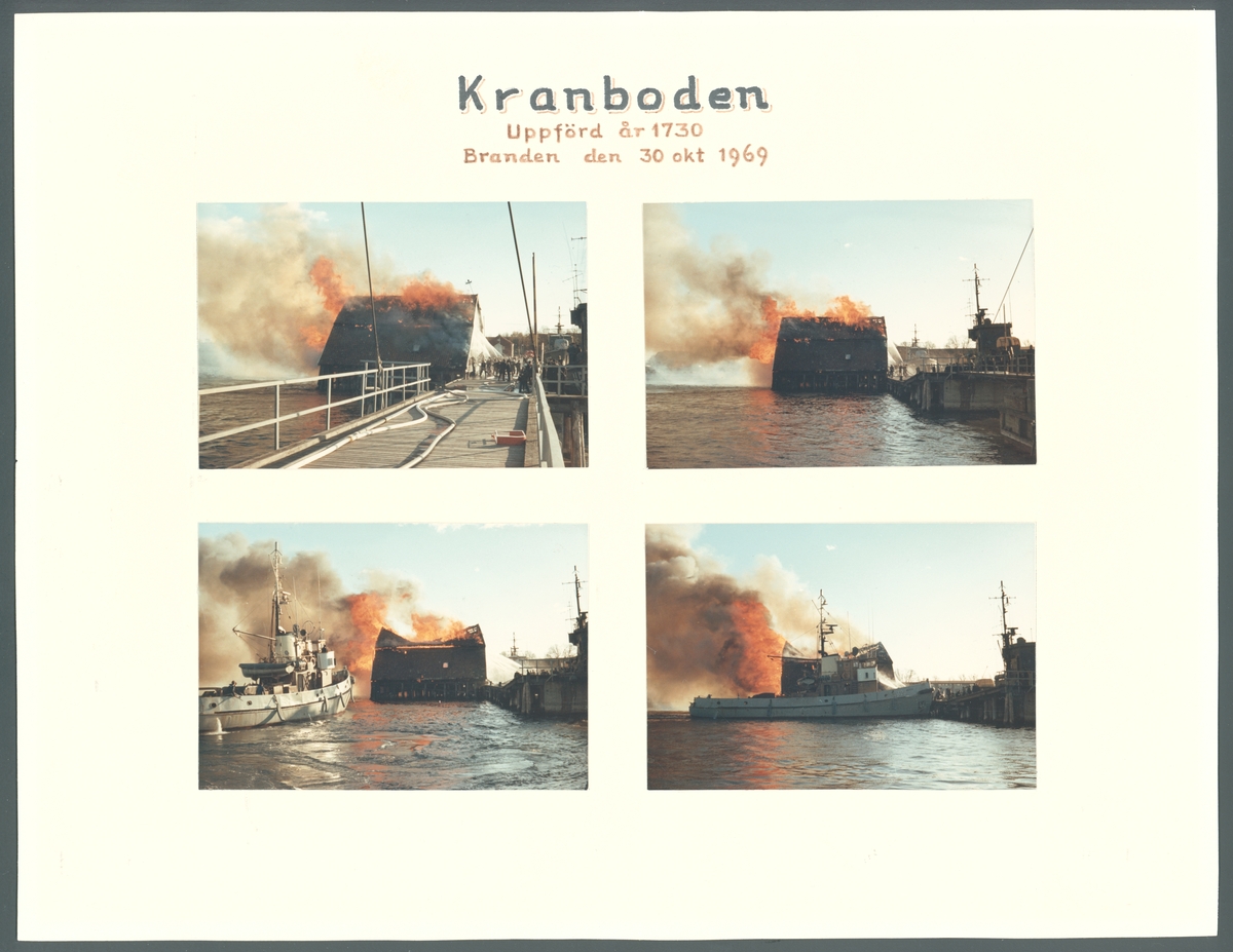 Kollage av fyra bilder som visar branden av Kranboden i Karlskrona 1969.