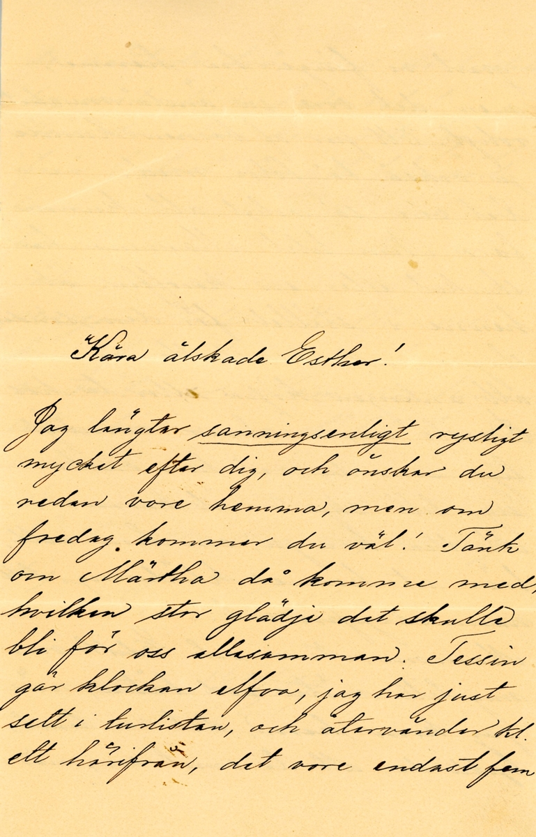 Brev skrivet 1884-03-20 från Ruth Ester Hammarstedt till hennes syster Ester Hammarstedt. Brevet består av tre sidor text skrivna på ett vikt pappersark. Brevet hittades utan kuvertet. Handskrivet i svart bläck.