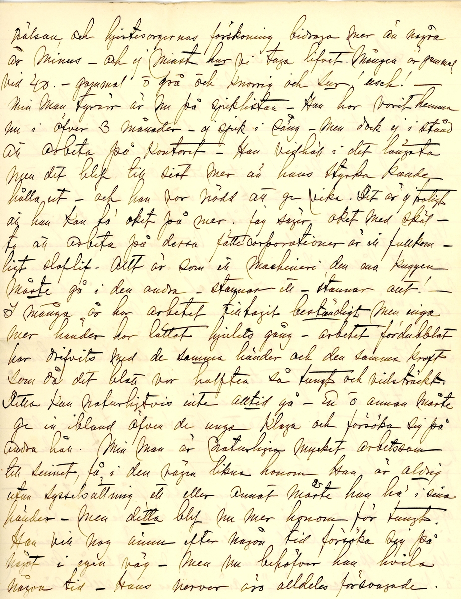 Brev skrivet 1900-11-05 till Fredrique Hammarstedt från vännen Sophie. Brevet består av 16 sidor text på åtta pappersark. Brevet hittades utan kuvert i en anteckningsbok som tillhörde Ninni och Fredrique Hammarstedt. Handskrivet i svart bläck.