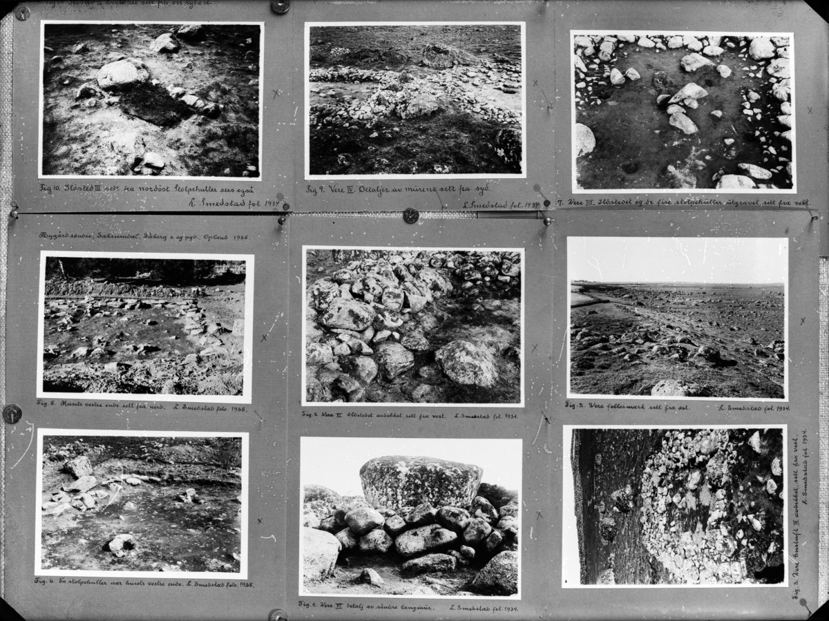 Repro av oppslag med flere fotografier. Fotograf for originalene er en L. Smedstad. Muligens arekologisk utgraving knyttet til Oseberg.