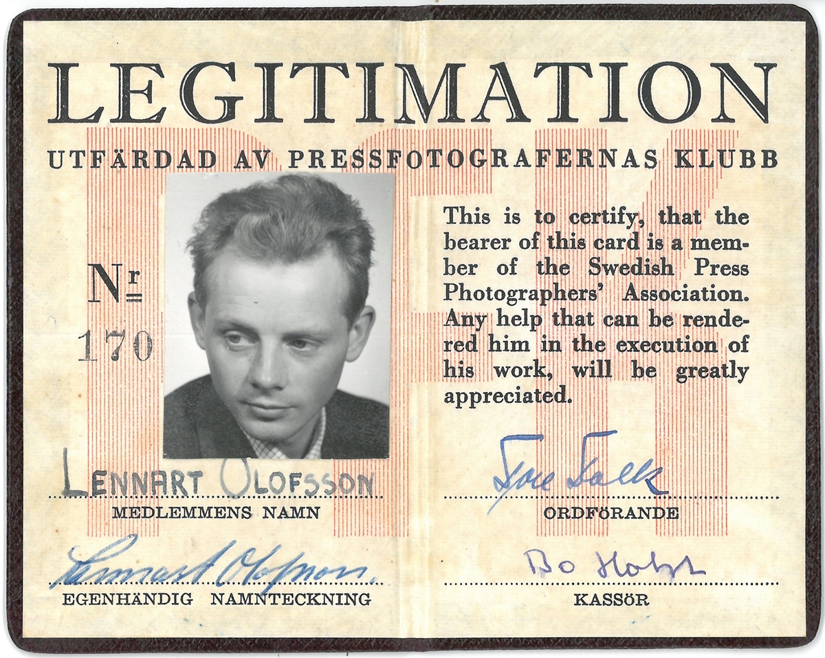 Lennart Olofssons presslegitimation 1958.