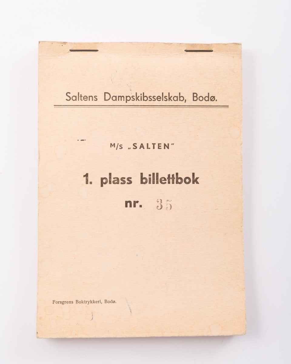 Billettbok til M/S "Salten" for billetter til 1. klasse  med Saltens Dampskibsselskab, Bodø