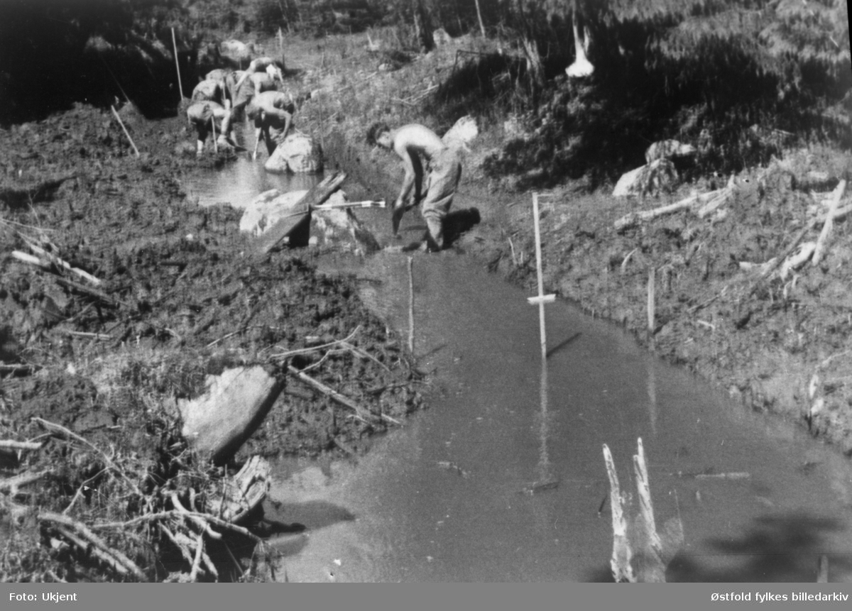 Arbeidstjenesten (AT-leir) i Varteig. Grøftegraving ved Belsby/Brusevold, sommeren 1942.