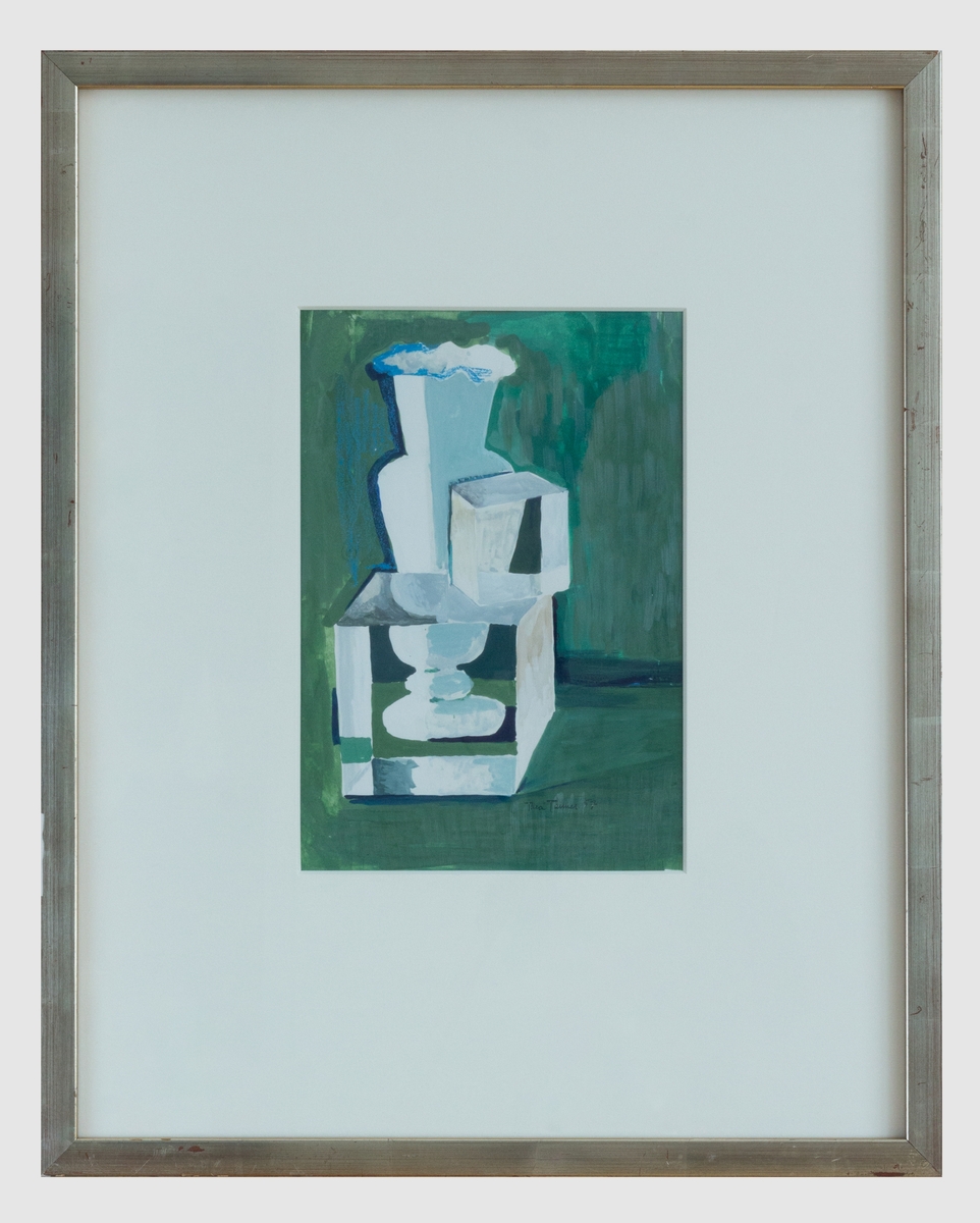 Mot blågrön bakgrund syns något till vänster om mitten en vas och två kuber i grått och vitt, återgivna i kubistisk inspirerad stil.

Konstföreningens protokoll från perioden mars 1960 - januari 1962 saknas.