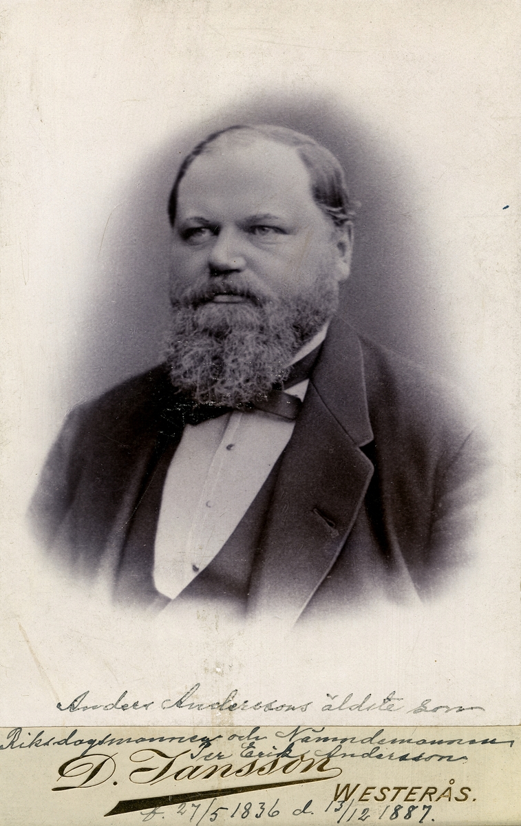 Siggebohyttans bergsmansgård. 
Riksdagsmannen och nämndemannen Per Erik Andersson, född 27 maj 1836, död 13 december 1887. Anders Anderssons äldste son.