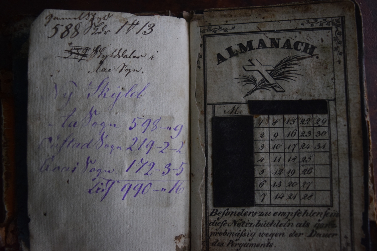 Notatbok med skinnrygg. Har en ilagt blyant. Et av de tidligste notatene er fra desember 1875