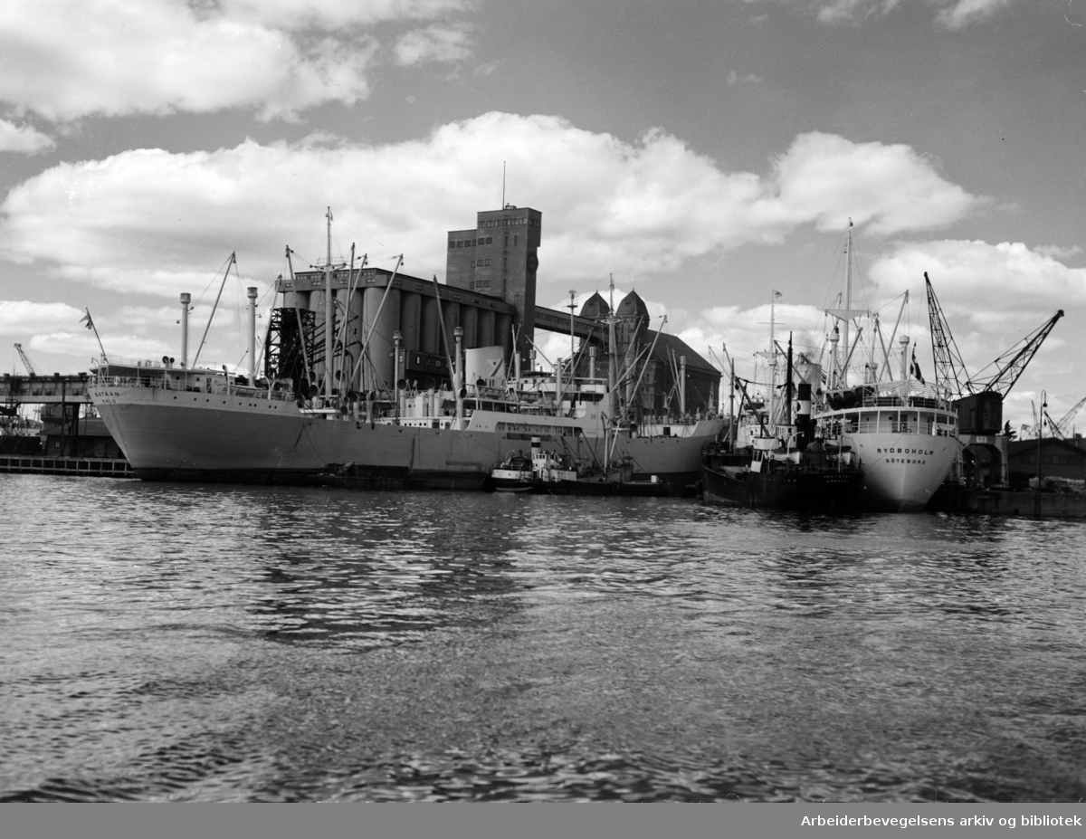 Skip i havn ved Vippetangen. Bak sees de to kornsiloene. August 1953.
