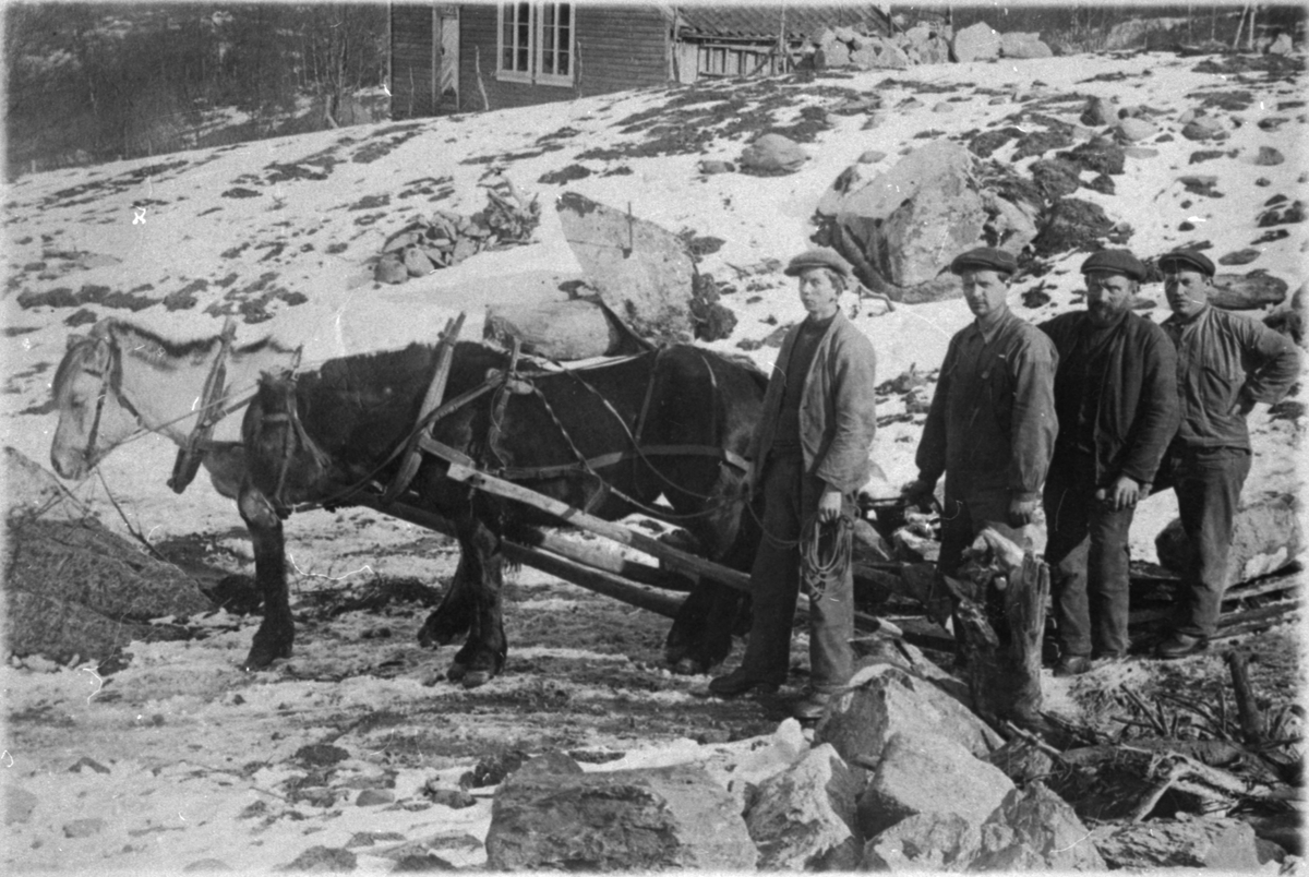 Nydyrking på plassen Hyd'l på Dørheim i Ølen, ca. 1920. Frå venstre: Magnus Helle, Erik Dørheim, Jon Dørheim og Sigurd Stene.