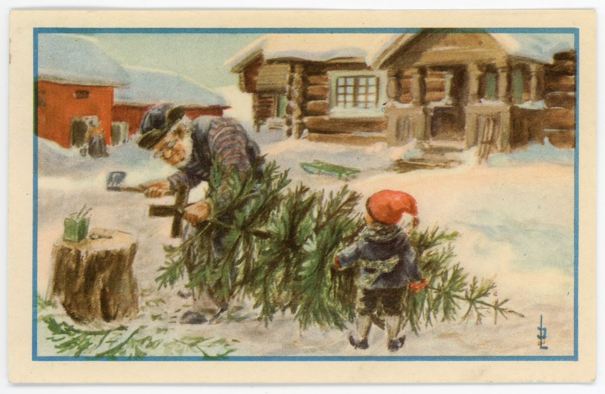 Julekort eller postkort med vintermotiv. Bildet viser en gammel mann som fester juletrefoten på juletreet. I bildets forgrunn er det en liten gutt med rød topplue. Kortet er sannsynligvis illustrert av Jan Lunde.