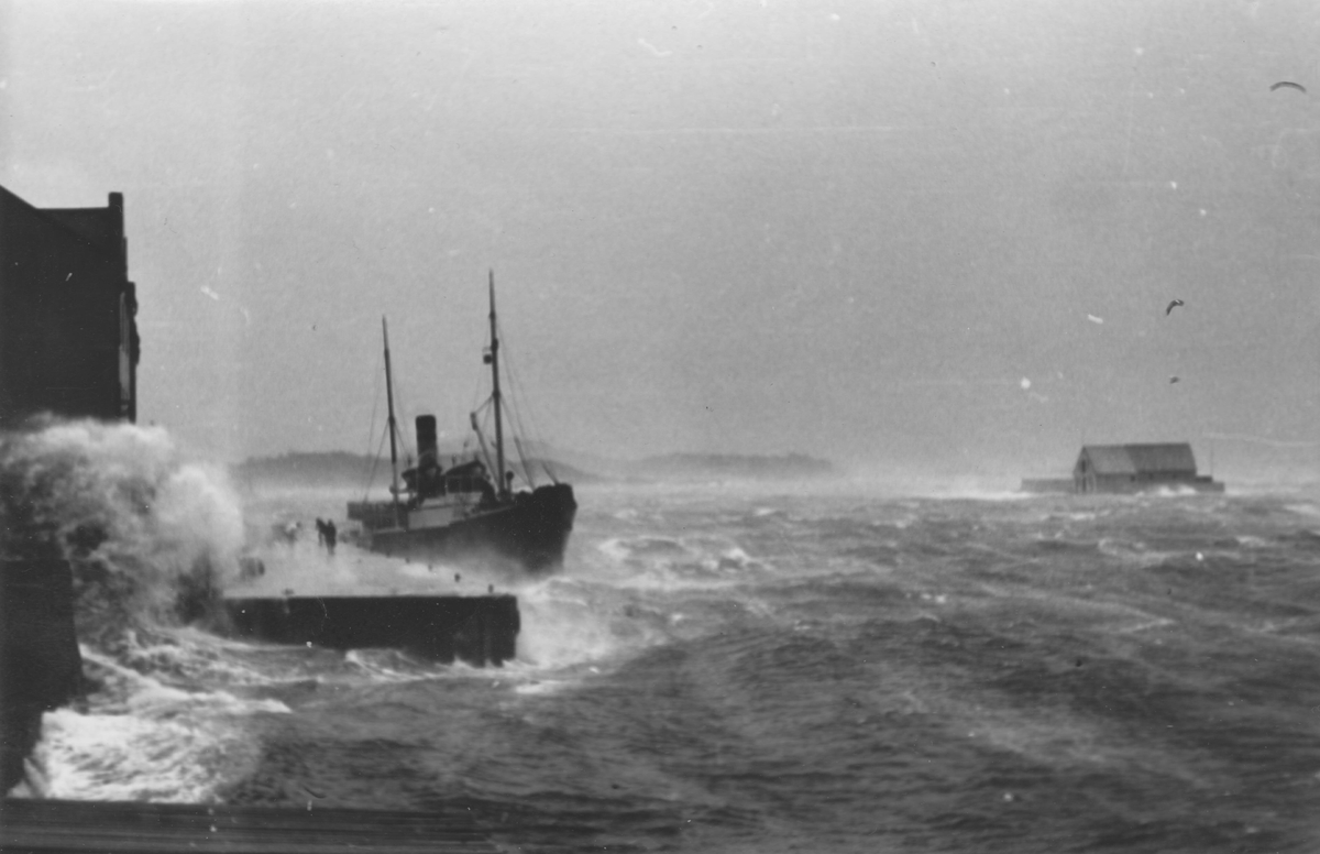 Motiv fra havnen i Ålesund under storm og springflo. En fiskebåt ligger til kai ved Sunnmøre Meieri på Buholmen. I bakgrunnen ser man Bålholmen.