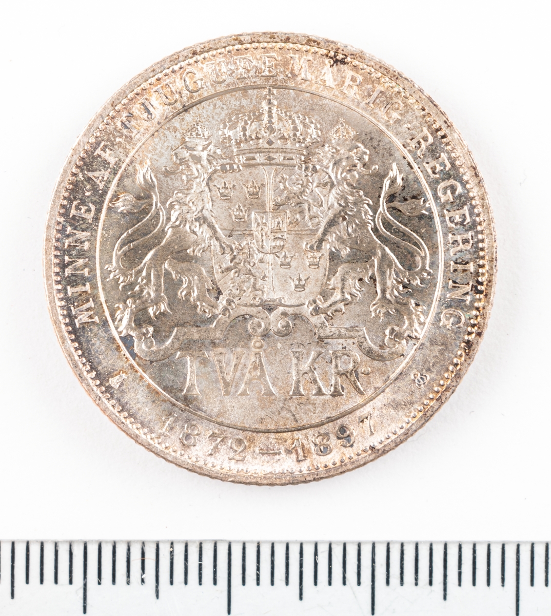 Mynt, Sverige, 2 kronor, 1897.
Jubileumsmynt 1872 - 1897.