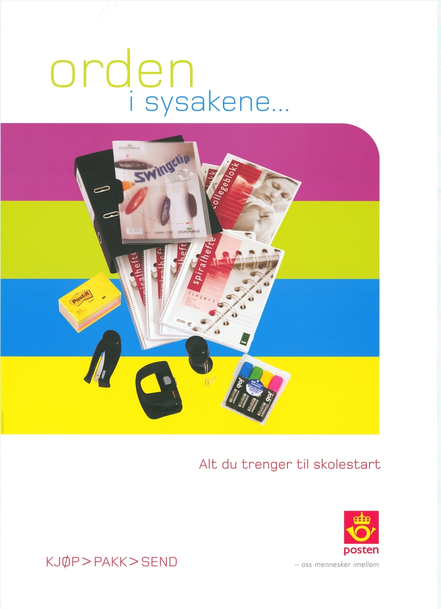 Plakat med fotomotiv av diverse kontorsaker, tekst og Postens logomerke.
