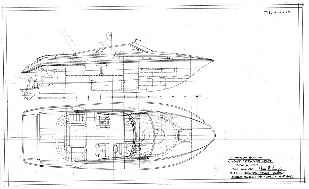 Windy 8000. Cabin cruiser. Utkast Arrangement. Outboard/inboard 330hk Merruiser V8 :: Volvo Aq 271 DP 279hk. 0,3 tonn. 1:10