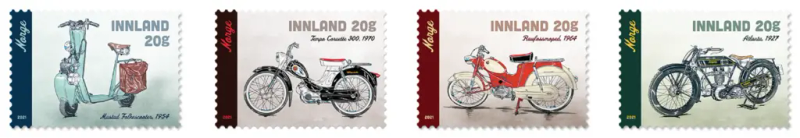 Fire frimerker med motiv av norske mopeder, motorsykler og scootere.