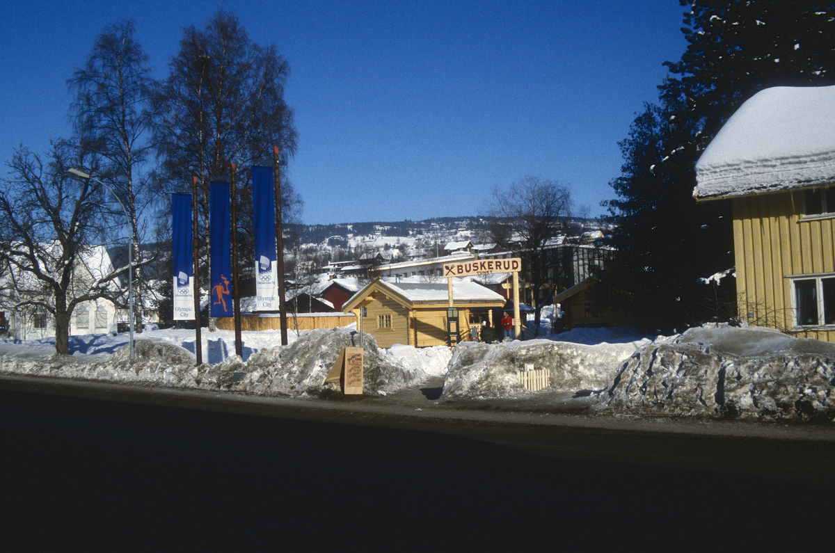 Lillehammer under OL 1994. Buskerud-tunet i Nordre Park. Utstilling av hytter. Matservering. Sett mot nord-øst.