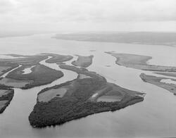Flyfotografi tatt over Øyerdeltaet, elva Glommas utløp i nor