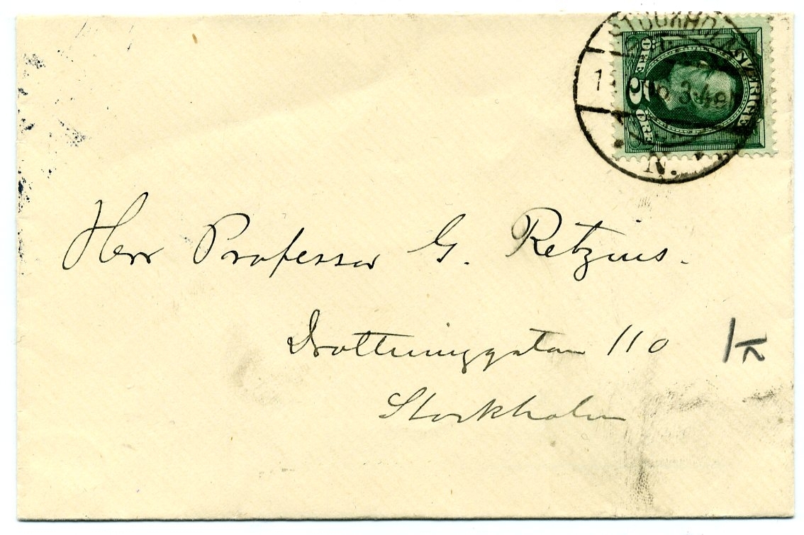 Litet kuvert adresserat till Gustaf Retzius från S A Andrée. Innehållet saknas.

Frankerat med 5 öre, poststämplat Stockholm 15/1 1896, 4 turen.