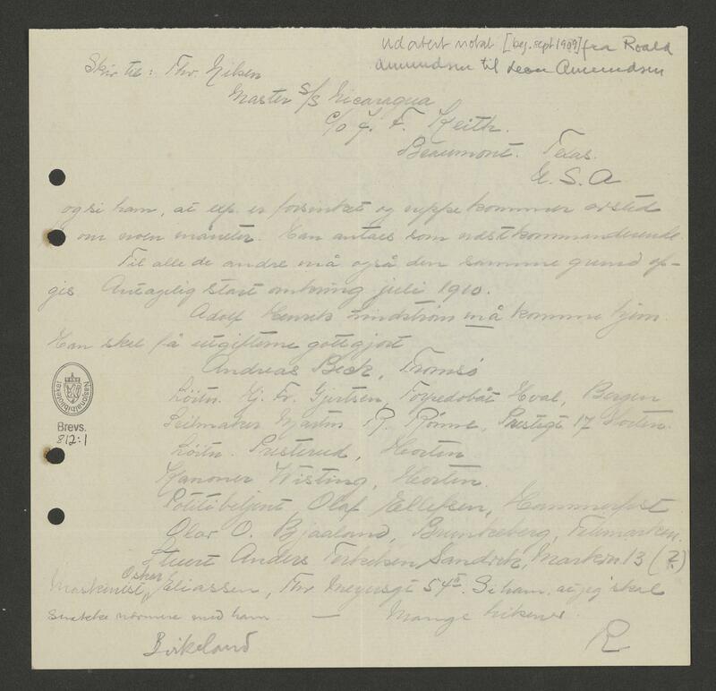 An undated note, probably from September 7, 1909, written by Roald Amundsen to his brother and collaborator Leon Amundsen. Here Leon is instructed to inform Captain Thorvald Nilsen and the rest of the crew that the expedition has been postponed until July 1910. Photo: National Library of Norway. (Foto/Photo)
