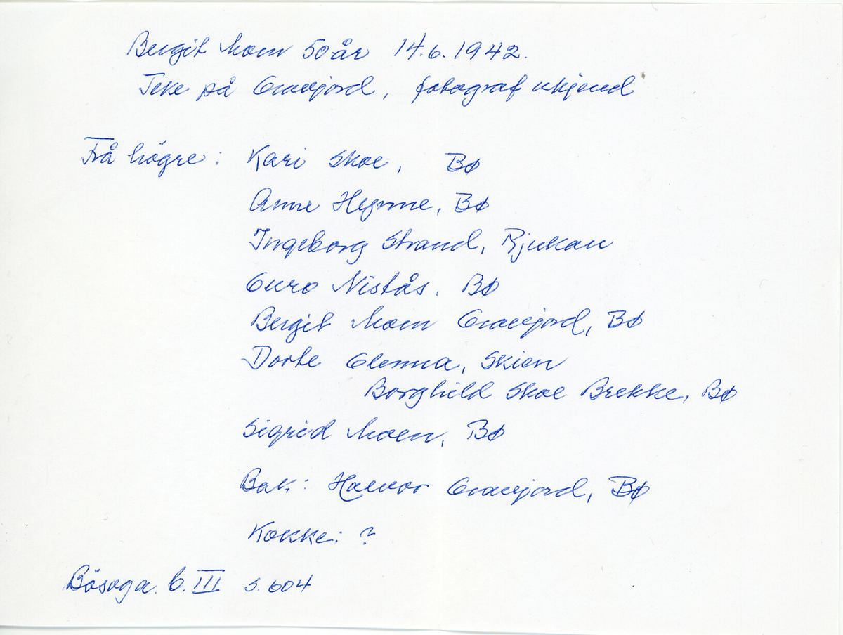 Bilde frå Bergit Moen Gravjords 50-årsdag 14.2.1942.  Sjå bilde nummer to for identifisering av personane.
