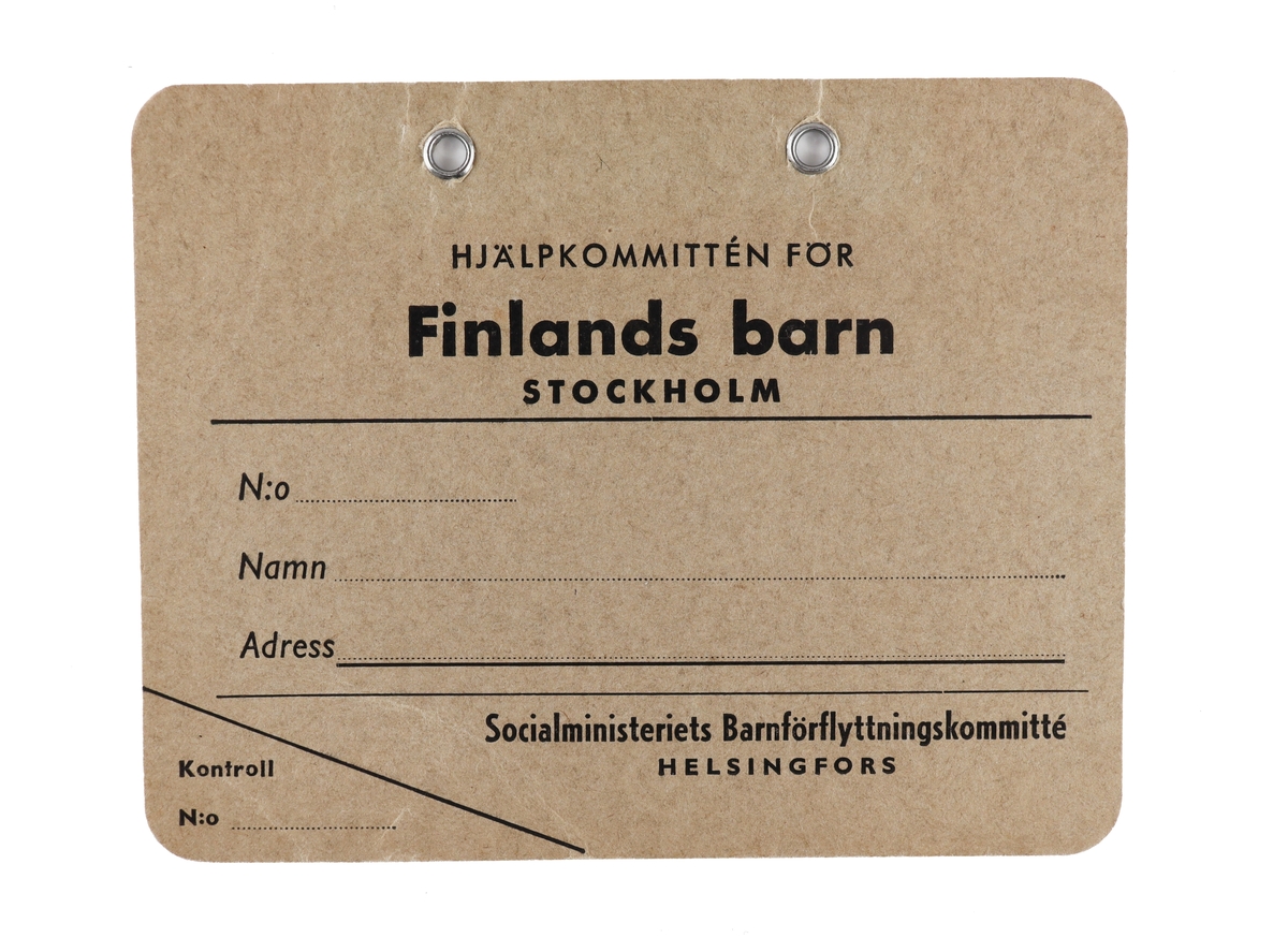Adresslapp, som användes som identifikation för barnens resor till Sverige
