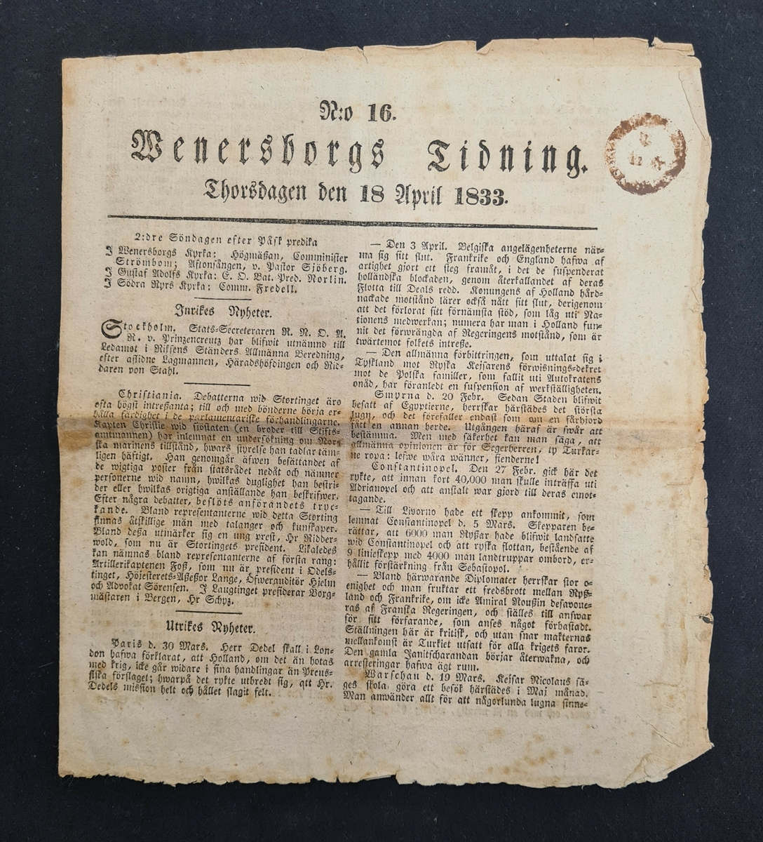 Vänersborgs tidning utgiven torsdagen 18 april 1833.