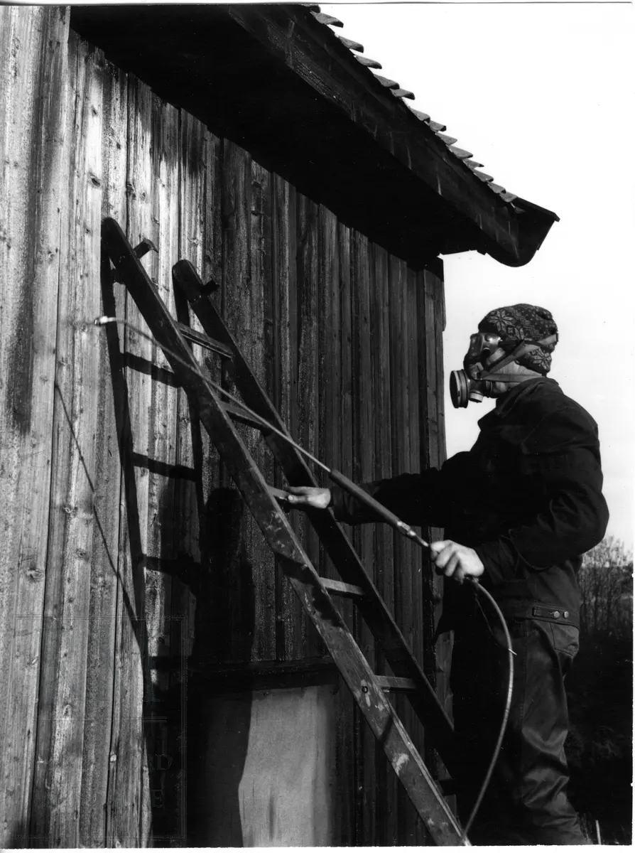 En mann med sprøyte driver med vedlikehold på et hus på Hadeland Folkemuseum.