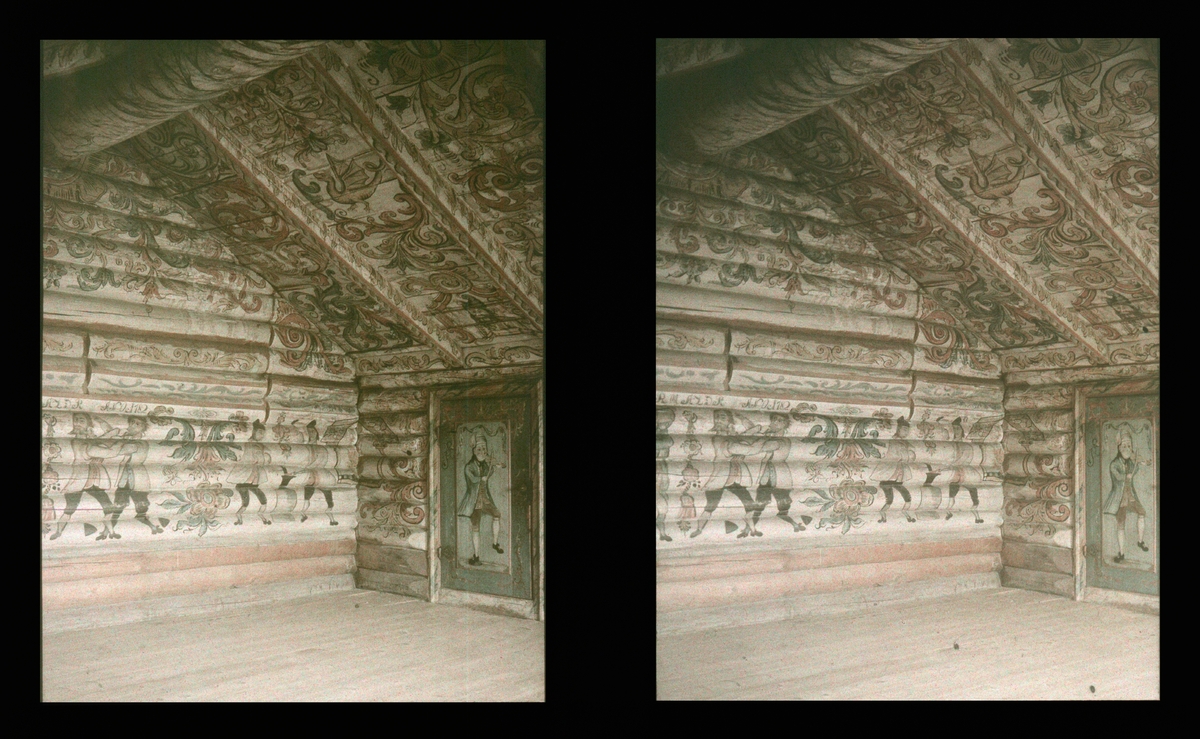 Rosemalt laftet stue. Tilhører Arkitekt Hans Grendahls samling av stereobilder.
