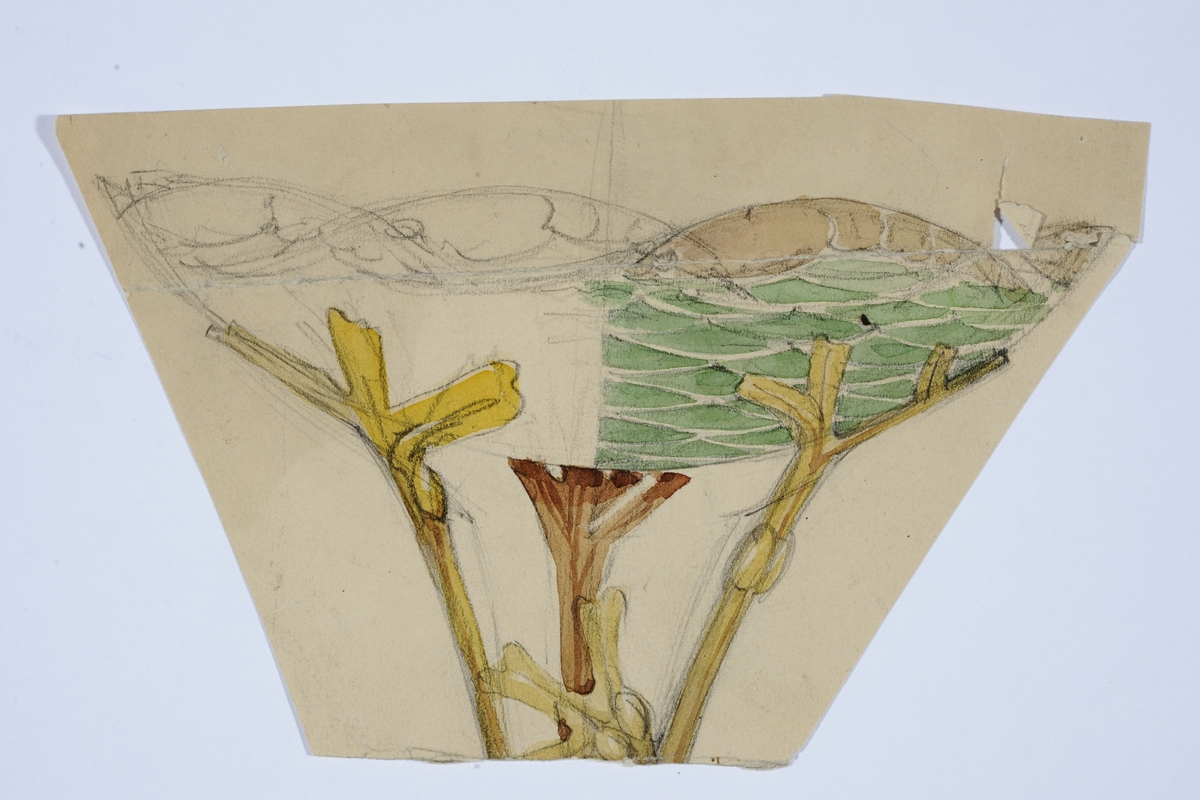 Fragment av skisse av skål med tang og maritime motiver. På baksiden fragment av lampeoppheng