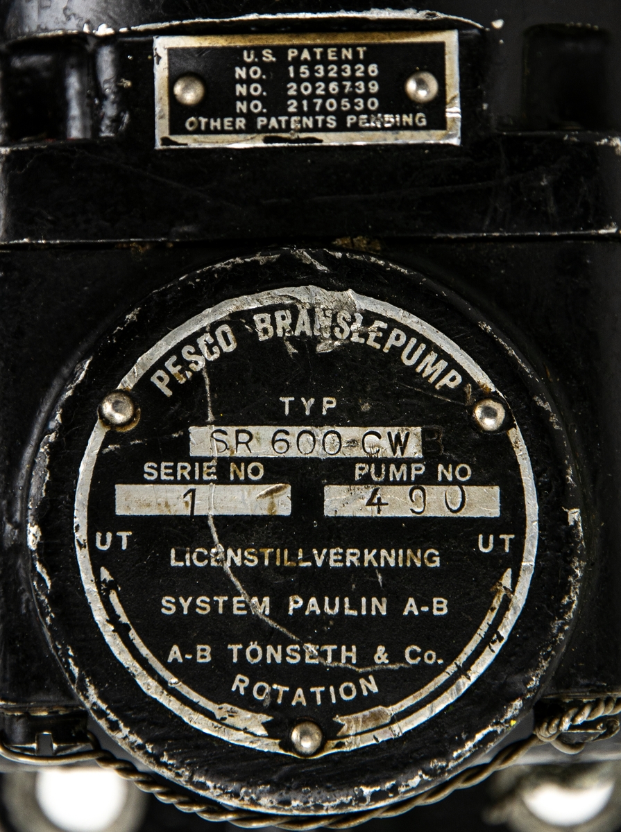 Bränslepump Pesco typ SR 600 CW. Tillverkad av System Paulin A-B, A-B Tönseth & Co Rotation.