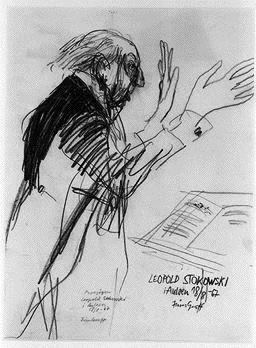 Leopold Stokowski i aulaen [Karikatur, vitsetegning]