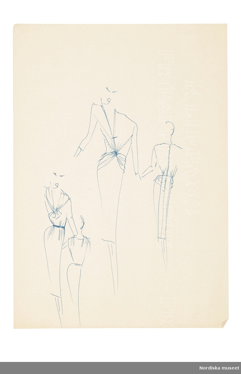 Modeskisser utförda av Pelle Lundgren (1896-1974) kreatör, från 1923 förste försäljare och senare ateljéchef på NK:s Franska damskrädderi. Från 1965 till stängningen av verksamheten 1966 var han disponent. Pelle Lundgrens minnesskisser från de kända modehusen i Paris är tecknade efter visningarna, i ritblocket eller på det som fanns till hands – som hotellets brevpapper. De snabba skisserna inspirerade ateljéns egna modeller.