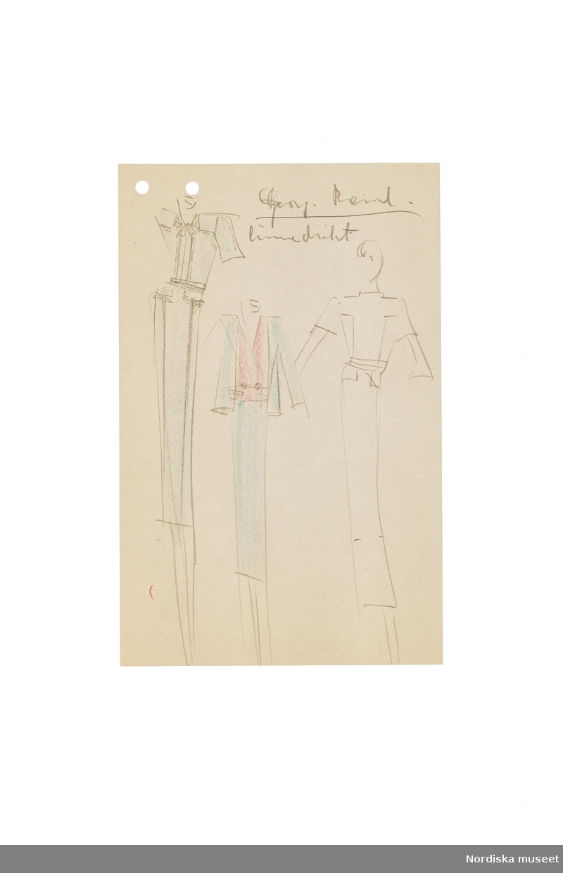 Modeskisser utförda av Pelle Lundgren (1896-1974) kreatör, från 1923 förste försäljare och senare ateljéchef på NK:s Franska damskrädderi. Från 1965 till stängningen av verksamheten 1966 var han disponent. Pelle Lundgrens minnesskisser från de kända modehusen i Paris är tecknade efter visningarna, i ritblocket eller på det som fanns till hands – som hotellets brevpapper. De snabba skisserna inspirerade ateljéns egna modeller. Här ses teckningar utförda våren 1936 med plagg från exempelvis Vionnet, Molyneux, Talbot, Lanvin, Alix, Agnès och Lelong.