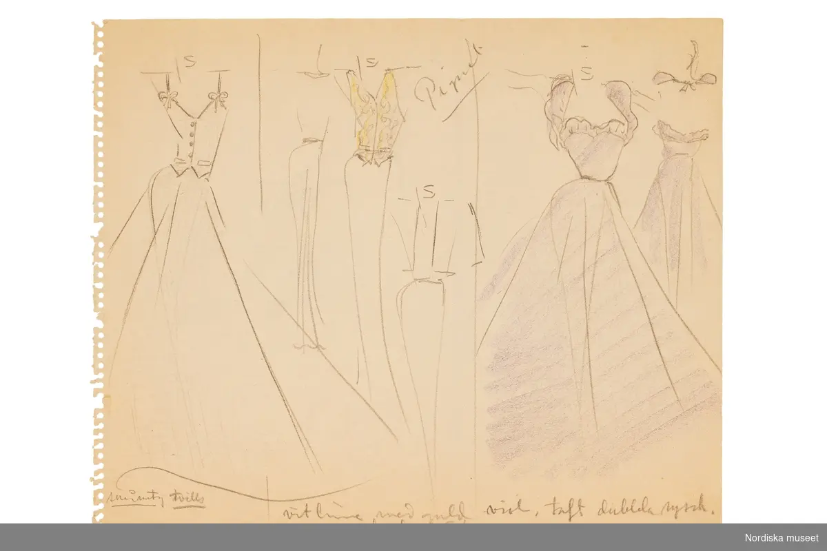 Modeskisser utförda av Pelle Lundgren (1896-1974) kreatör, från 1923 förste försäljare och senare ateljéchef på NK:s Franska damskrädderi. Från 1965 till stängningen av verksamheten 1966 var han disponent. Pelle Lundgrens minnesskisser från de kända modehusen i Paris är tecknade efter visningarna, i ritblocket eller på det som fanns till hands – som hotellets brevpapper. De snabba skisserna inspirerade ateljéns egna modeller. Här ses teckningar utförda våren 1939 med plagg från exempelvis Chanel, Schiaparelli, Paquin, Piquet, Rouff och de Rauch.