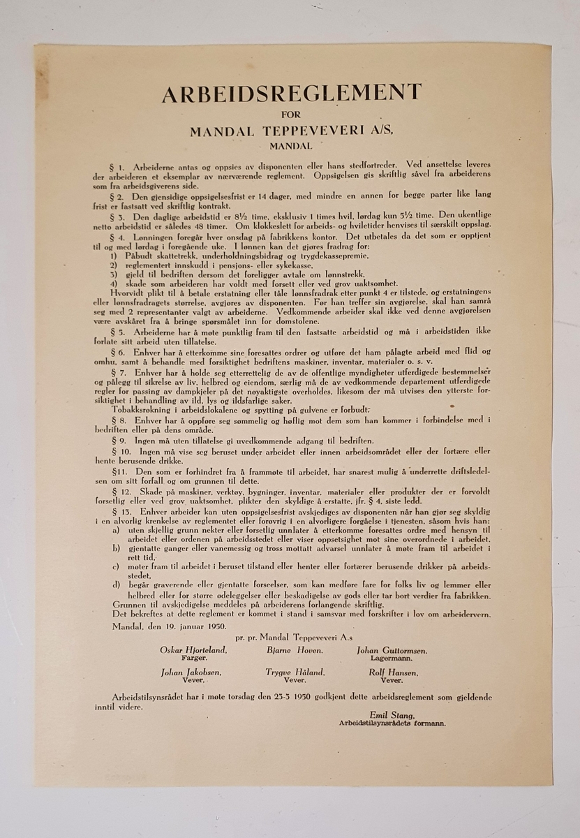Arbeidsreglement fra Mandal Teppeveveri AS fra 1950.