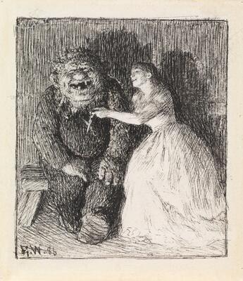 En eventyrtegning av Erik Werenskiold. Tittel: Så lo de så inderlig godt begge to av Erik Werenskiold, 1886. Tegningen viser et troll og en ung jente som ler.