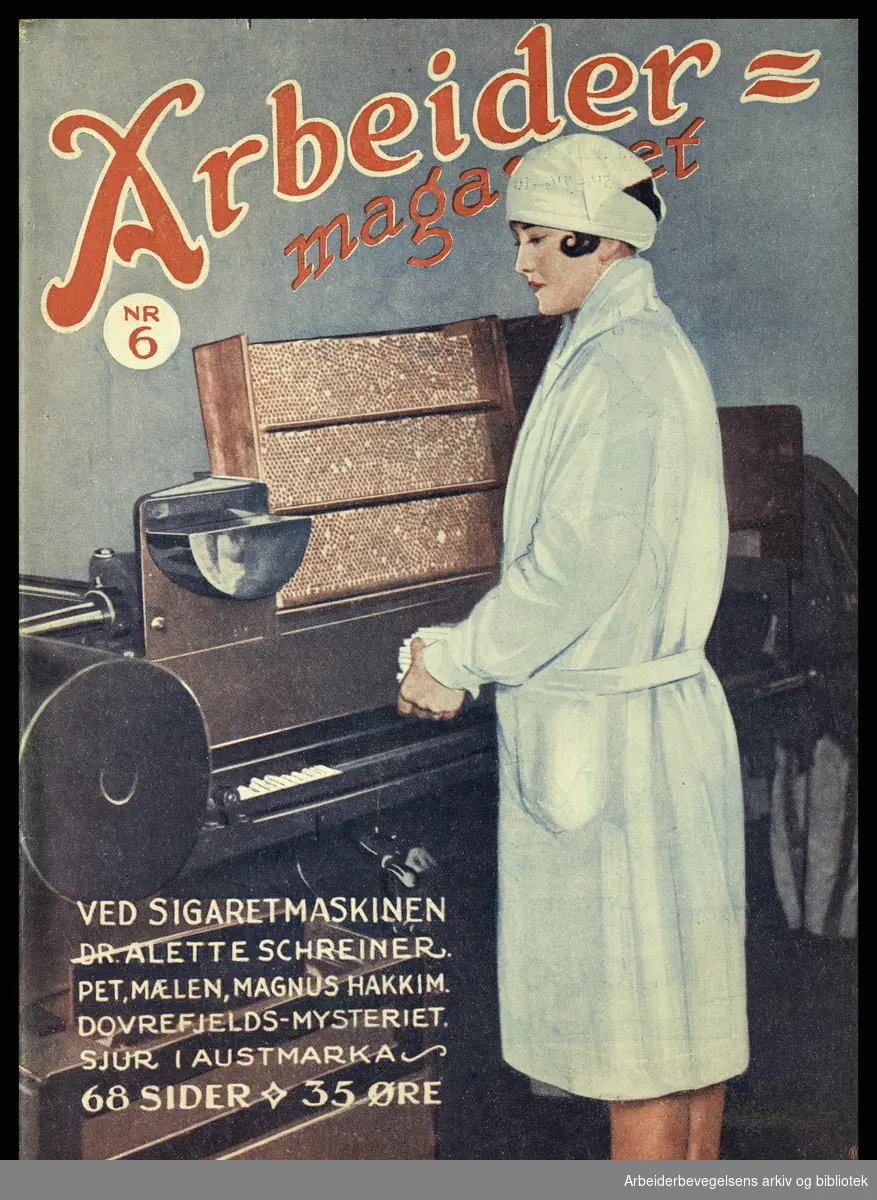 Arbeidermagasinet - Magasinet for alle. Forside. Nr 6. 1928. "Ved sigarettmaskinen".