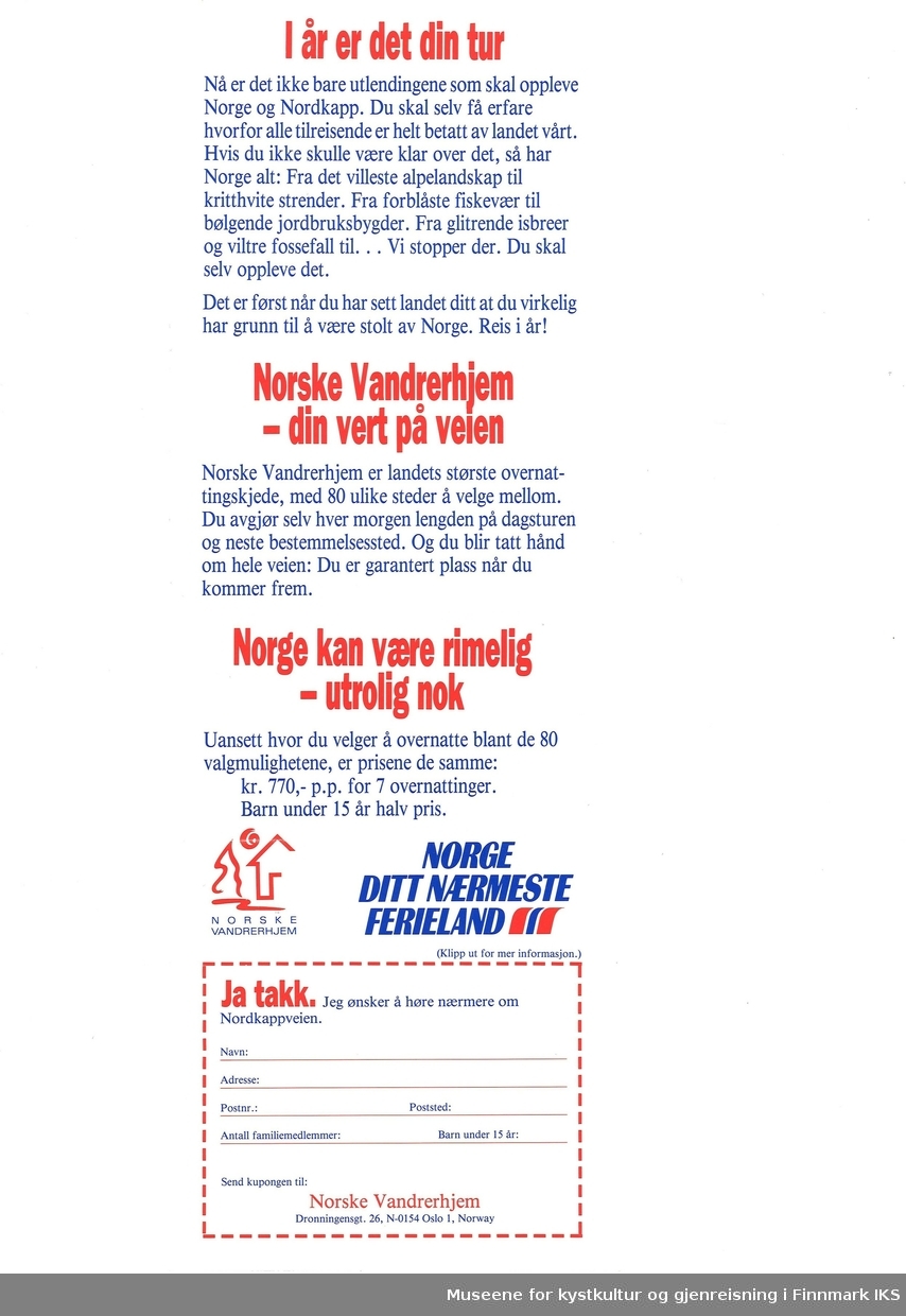 Infobrosjyre "I 1989 fører alle norske veier til Nordkapp", utgitt av 'Norske Vandrerhjem' og 'Norge ditt nærmeste ferieland'.