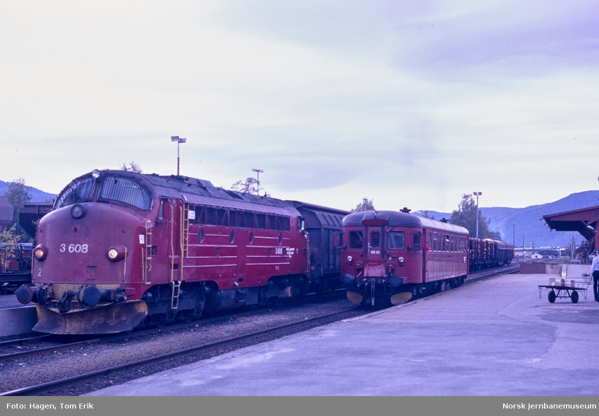 Kryssing på Koppang stasjon mellom godstog retning Hamar, trukket av diesellokomotiv Di 3 608, og skoletog til Tynset med dieselmotorvogn Bm 8610