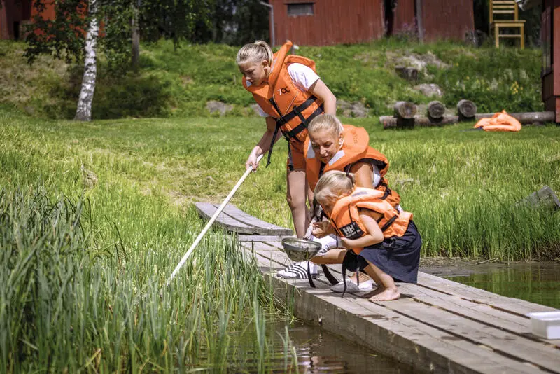 Foto av en familie som prøver å fange insekter ved vannet