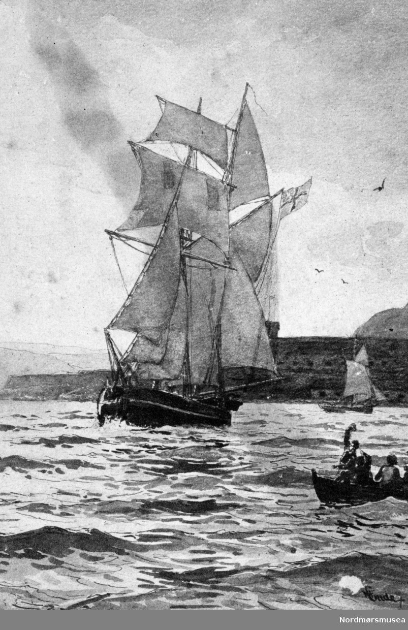 Tegning av en seilskute. Fra Kaptein John Paulsens postkort og private bilder. Fra Nordmøre museums fotosamlinger.