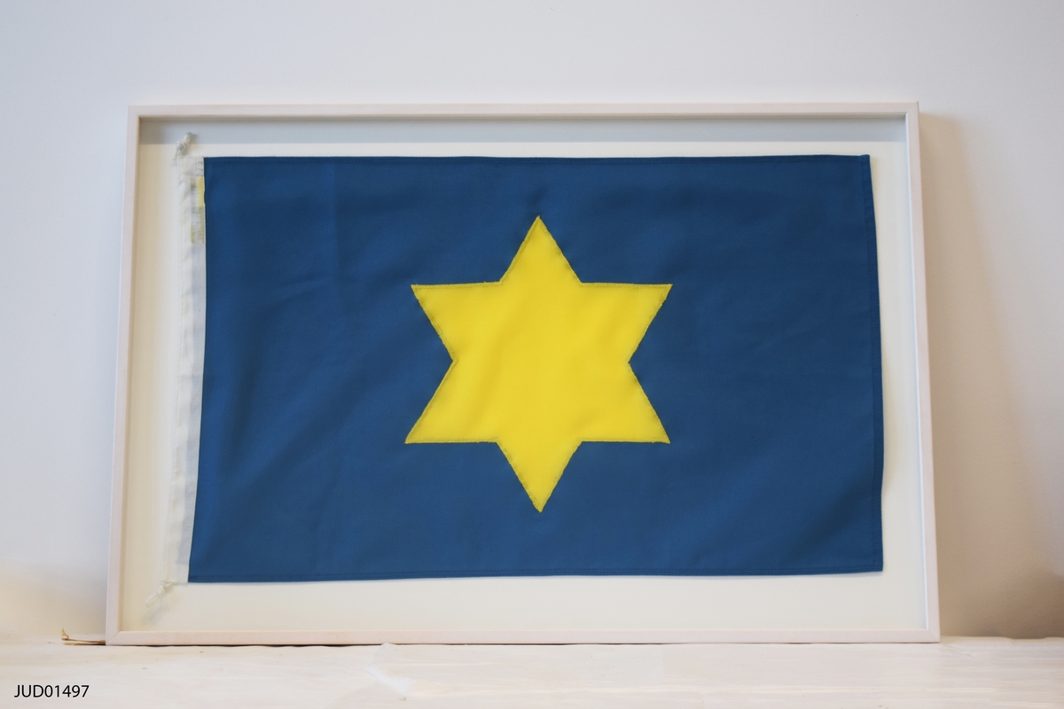 Med gul davidsstjärna på blå botten, titel: Schvedenflagga.